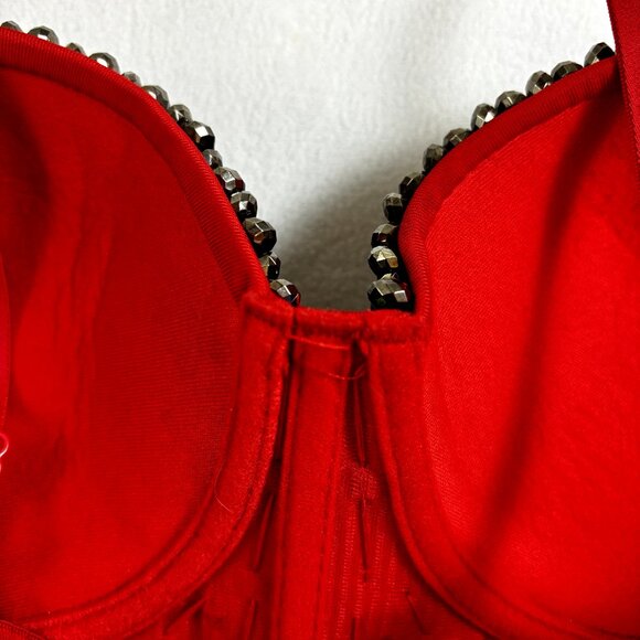 Women's Beaded Red Tank Corset Bra Bralette Spaghetti Strap Bustier Crop Top - Picture 6 of 10